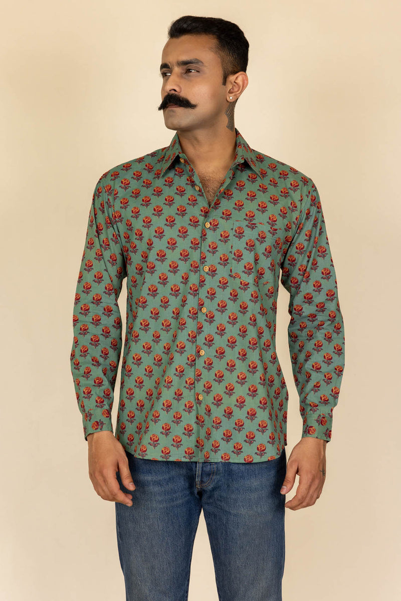 Green Printed Cotton Full Sleeve Shirt