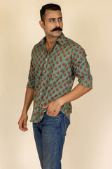 Green Printed Cotton Full Sleeve Shirt