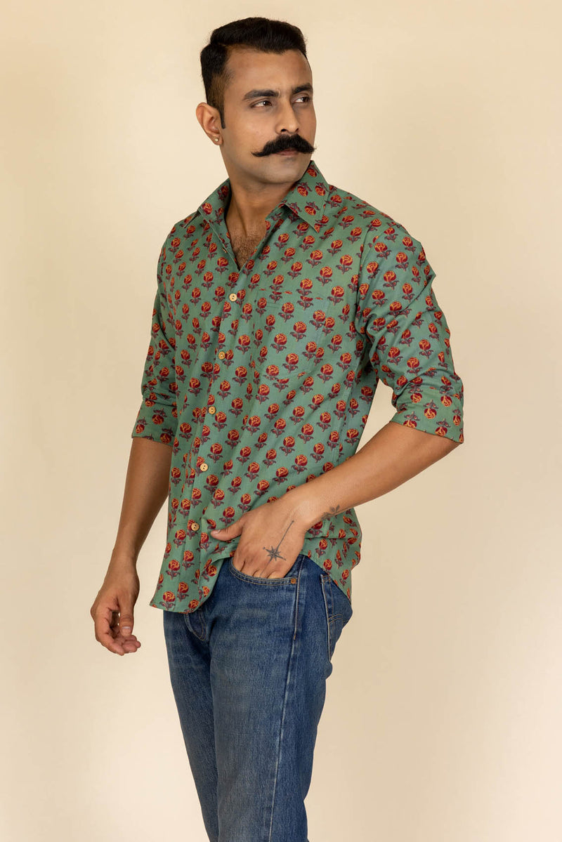 Green Printed Cotton Full Sleeve Shirt