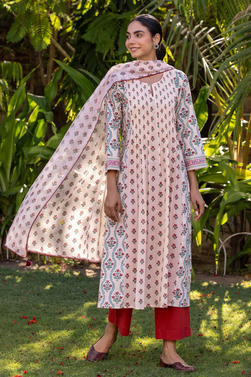 Pleated Floral Grid Kurta