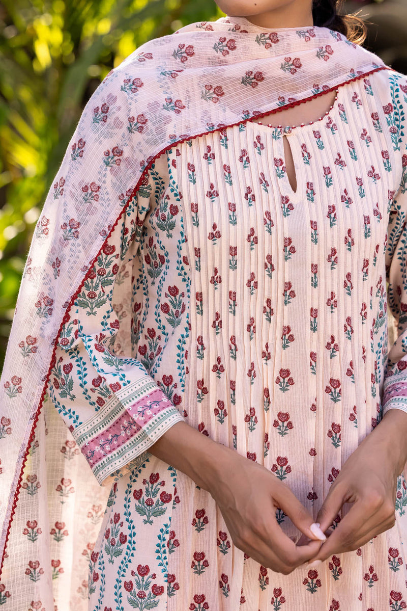 Pleated Floral Grid Kurta
