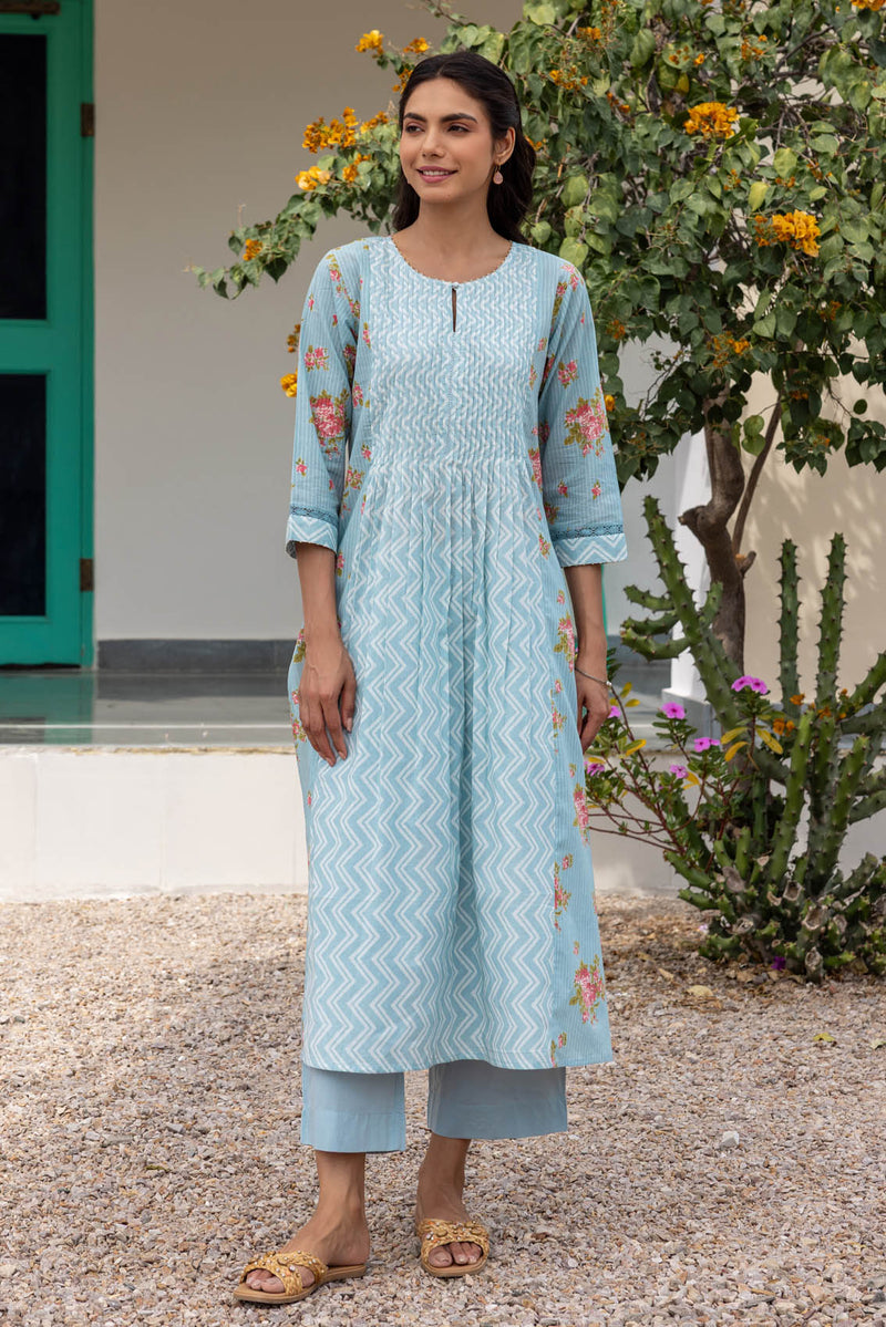 Blue Pleated Kurta