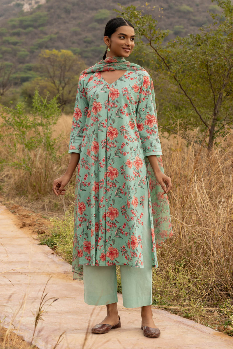 Green Pleated Jaswandi Kurta