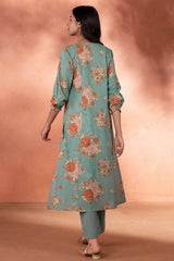 Pleated Floral Teal Green Kurta