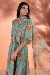 Pleated Floral Teal Green Kurta