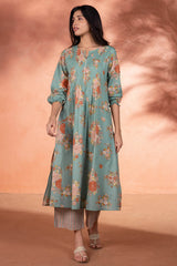Pleated Floral Teal Green Kurta