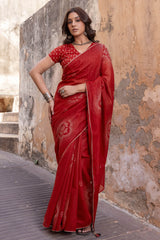 Red Bandhej Printed Chanderi Saree