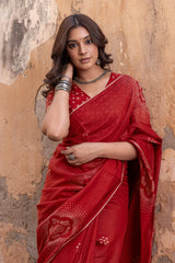 Red Bandhej Printed Chanderi Saree