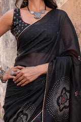Black Bandhej Printed Chanderi Saree