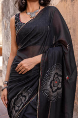 Black Bandhej Printed Chanderi Saree