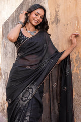 Black Bandhej Printed Chanderi Saree