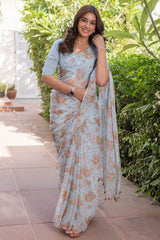 Light Blue Printed Chiffon Saree