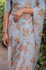 Light Blue Printed Chiffon Saree