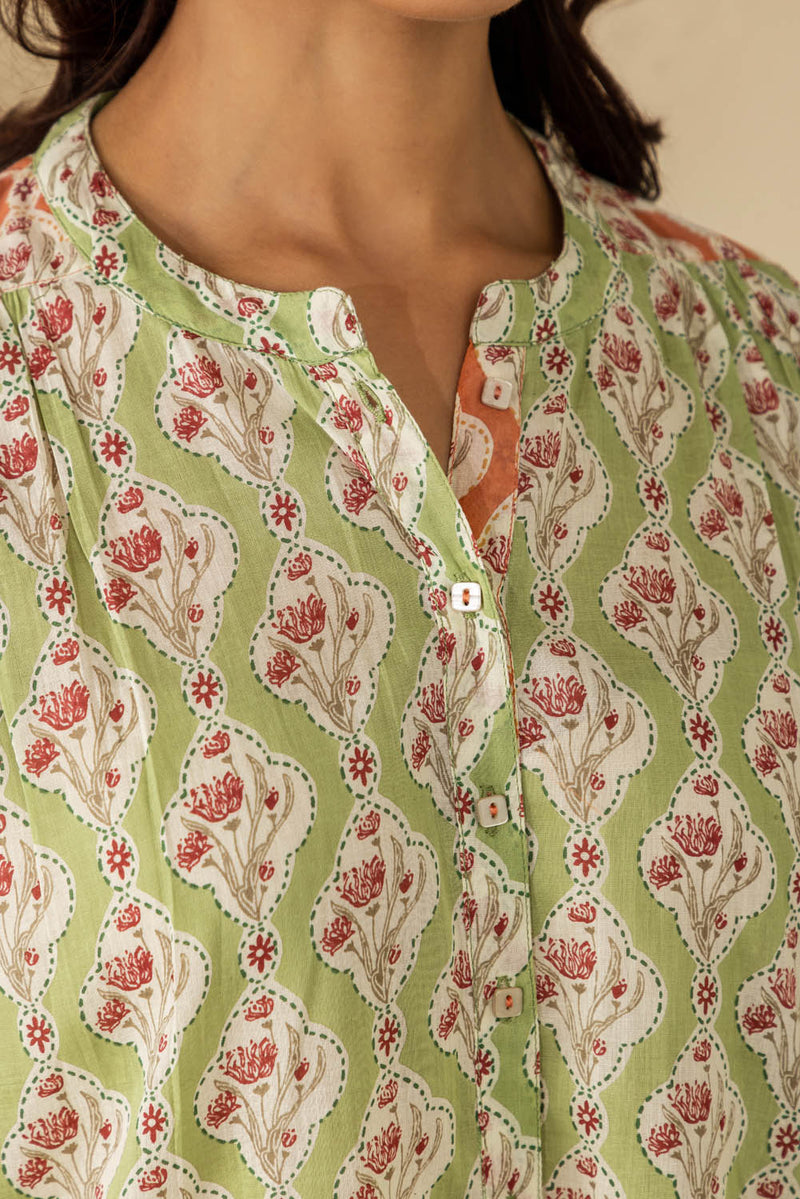 Pista Green Mughal Grid Shirt-Kurta