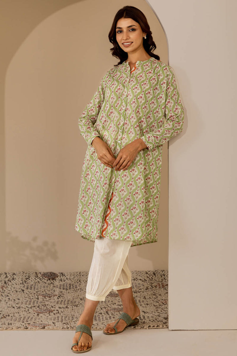 Pista Green Mughal Grid Shirt-Kurta