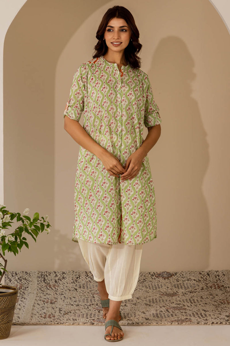 Pista Green Mughal Grid Shirt-Kurta