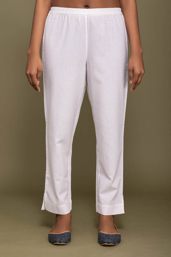 White Solid Cotton Trousers
